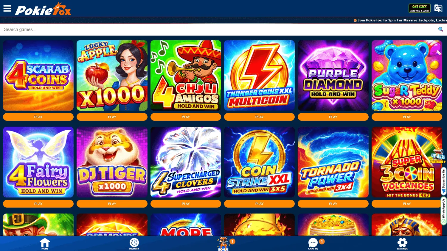 Pokiefox Casino desktop games interface with pokies and casino categories