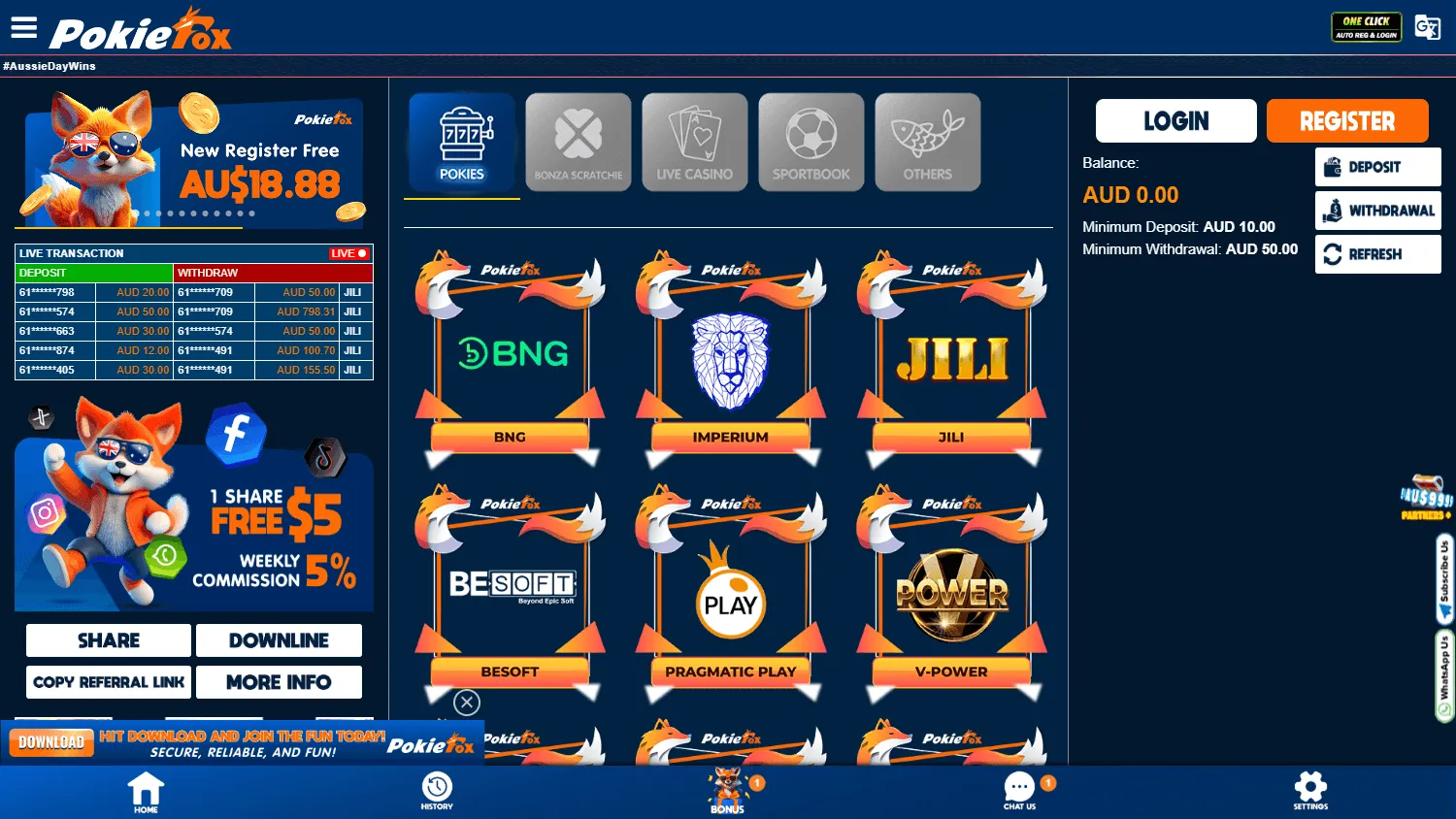 Pokiefox Casino desktop home interface with casino access and account options