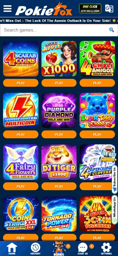 Pokiefox Casino mobile games interface with pokies and table games