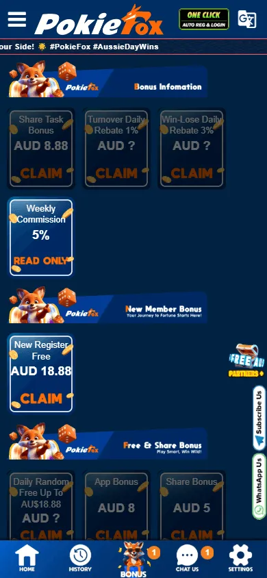 Pokiefox Casino mobile promotions interface with bonus offers