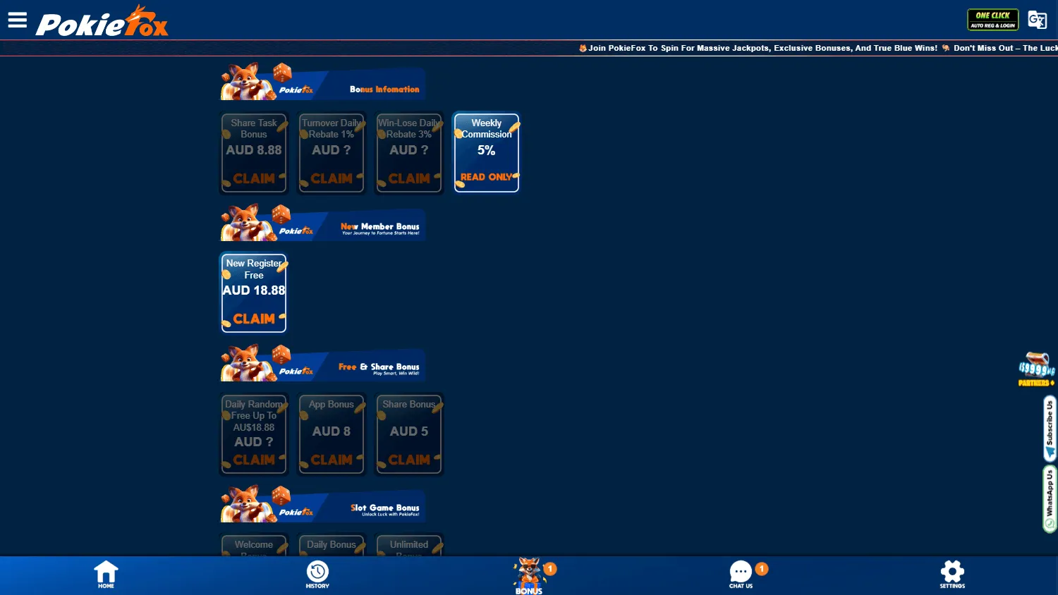 Pokiefox Casino desktop promotions interface with welcome and registration offers