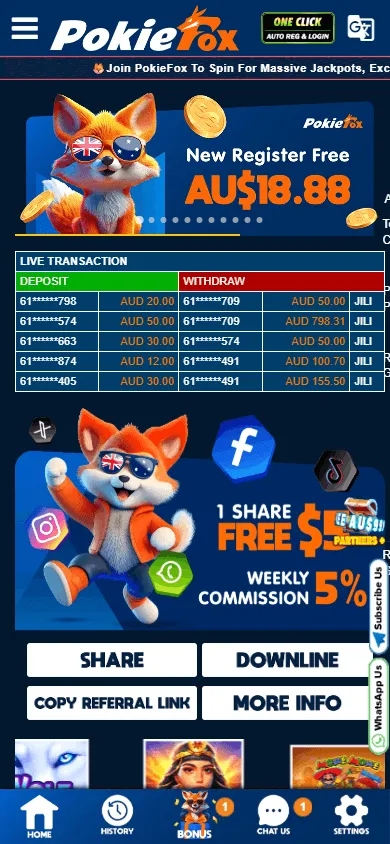 Pokiefox Casino mobile home interface for Android casino access